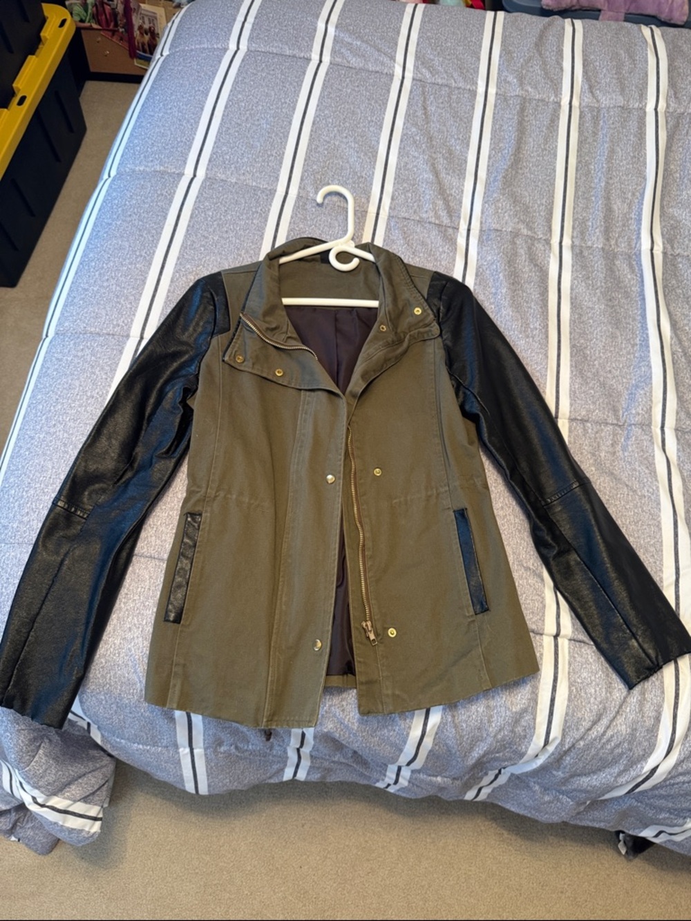 Olive Green Utility Jacket with Black Faux Leather Sleeves